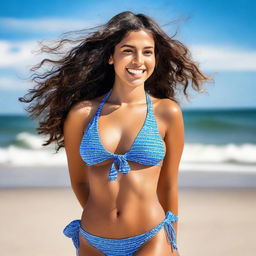 A vibrant and confident Latina girl wearing a stylish bikini, enjoying a sunny day at the beach