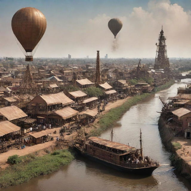 An exciting interpretation of South Sudan in a steampunk style: Juba's cityscape adorned with antique copper structures, sweeping savannas populated by mechanical wildlife, and the White Nile juxtaposed with steam-powered boats.