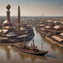 An exciting interpretation of South Sudan in a steampunk style: Juba's cityscape adorned with antique copper structures, sweeping savannas populated by mechanical wildlife, and the White Nile juxtaposed with steam-powered boats.