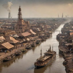 An exciting interpretation of South Sudan in a steampunk style: Juba's cityscape adorned with antique copper structures, sweeping savannas populated by mechanical wildlife, and the White Nile juxtaposed with steam-powered boats.