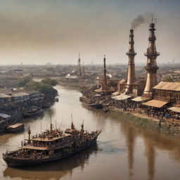 An exciting interpretation of South Sudan in a steampunk style: Juba's cityscape adorned with antique copper structures, sweeping savannas populated by mechanical wildlife, and the White Nile juxtaposed with steam-powered boats.