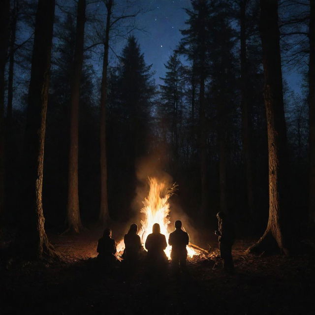 Four silhouetted figures gathered around a roaring bonfire situated in the heart of a dense woodland during the night.