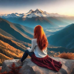 Create an image of a girl with red hair sitting on top of a mountain, overlooking a valley with mountain ranges in the background