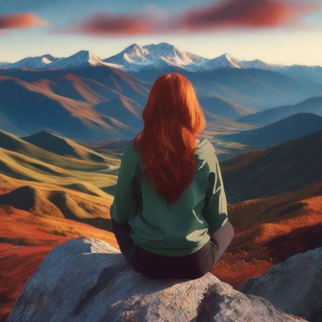 Create an image of a girl with red hair sitting on top of a mountain, overlooking a valley with mountain ranges in the background