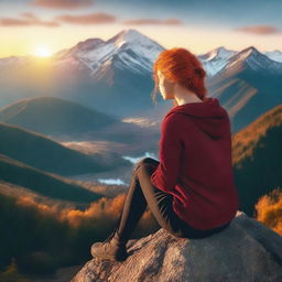 Create an image of a girl with red hair sitting on top of a mountain, overlooking a valley with mountain ranges in the background