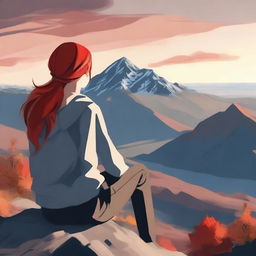 Create an image of a girl with red hair sitting on top of a mountain, overlooking a valley with mountain ranges in the background