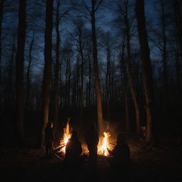 Four silhouetted figures gathered around a roaring bonfire situated in the heart of a dense woodland during the night.