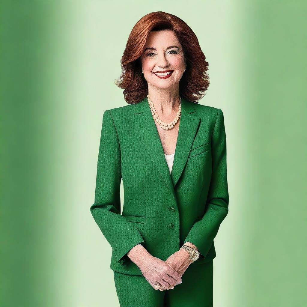 A detailed portrait of Maureen Callahan wearing a stylish green suit