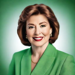 A detailed portrait of Maureen Callahan wearing a stylish green suit