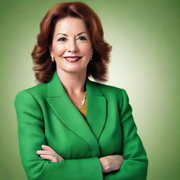 A detailed portrait of Maureen Callahan wearing a stylish green suit