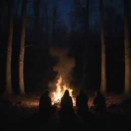 Four silhouetted figures gathered around a roaring bonfire situated in the heart of a dense woodland during the night.