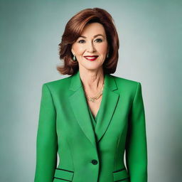 A detailed portrait of Maureen Callahan wearing a stylish green suit