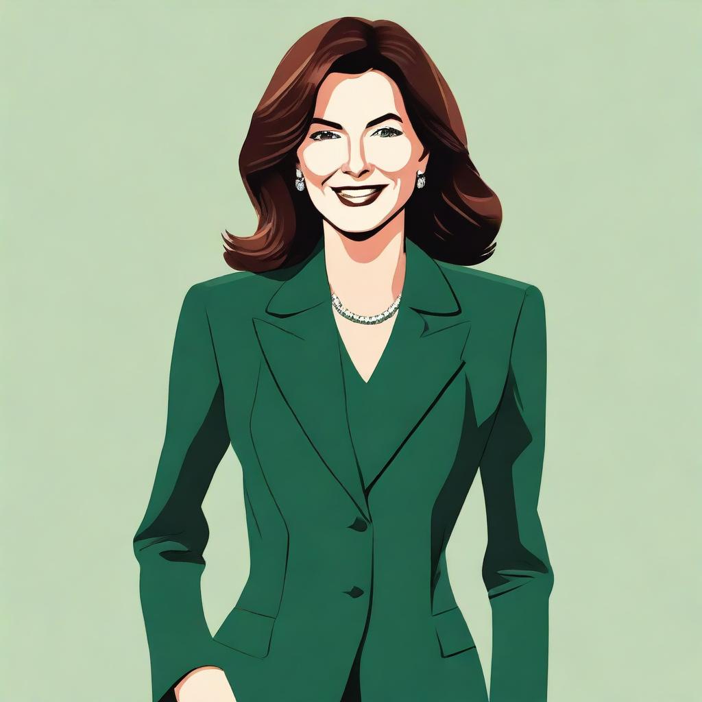 A detailed illustration of Maureen Callahan wearing a dark green suit