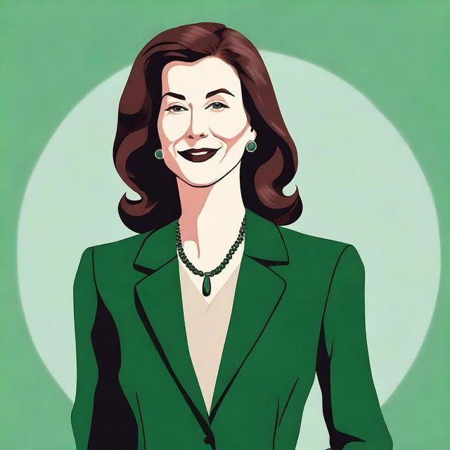 A detailed illustration of Maureen Callahan wearing a dark green suit