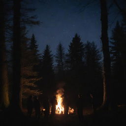 Four silhouetted figures gathered around a roaring bonfire situated in the heart of a dense woodland during the night.