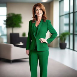 A realistic image of Maureen Callahan wearing a deep green suit