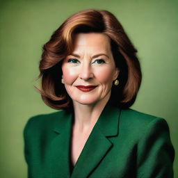 A detailed portrait of Maureen Callahan wearing a deep green suit