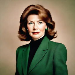 A detailed portrait of Maureen Callahan wearing a deep green suit