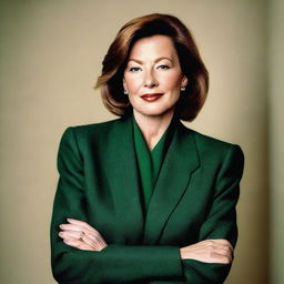 A detailed portrait of Maureen Callahan wearing a deep green suit