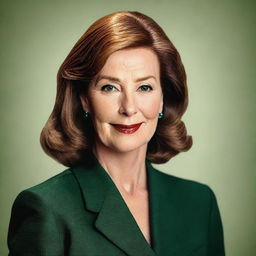 A detailed portrait of Maureen Callahan wearing a deep green suit