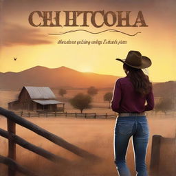 Create a book cover featuring a sweeping view of a rustic ranch landscape with rolling hills and a sunset casting a warm glow