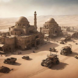 A concept of Tunisia rich in steampunk influence, portraying Tunis with vintage machinery-enhanced structures, the Sahara desert animated with mobile steam-powered outposts, and ancient ruins buzzing with subtle mechanical modifications.