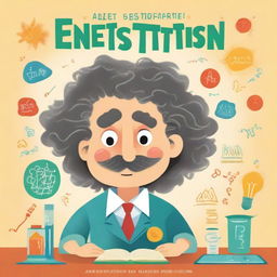 Create a children's book cover featuring Albert Einstein as a brilliant scientist