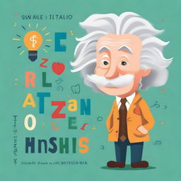 Create a children's book cover featuring Albert Einstein as a brilliant scientist