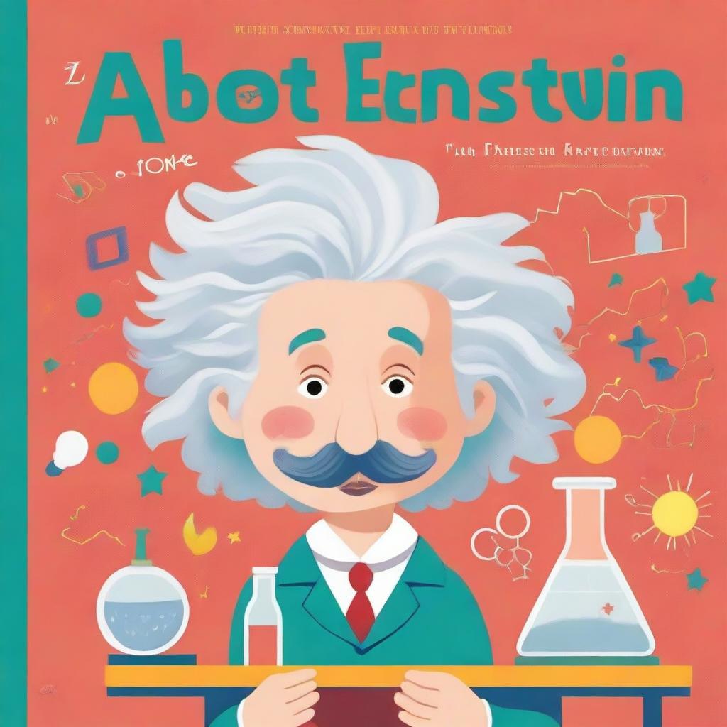 Create a children's book cover featuring Albert Einstein as a brilliant scientist