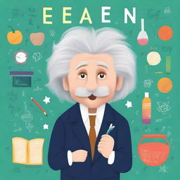 Create a children's book cover featuring Albert Einstein as a brilliant scientist