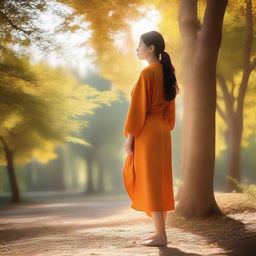 A young girl wearing an orange robe, standing in a serene environment