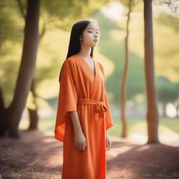 A young girl wearing an orange robe, standing in a serene environment