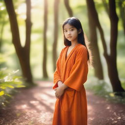 A young girl wearing an orange robe, standing in a serene environment