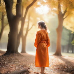 A young girl wearing an orange robe, standing in a serene environment