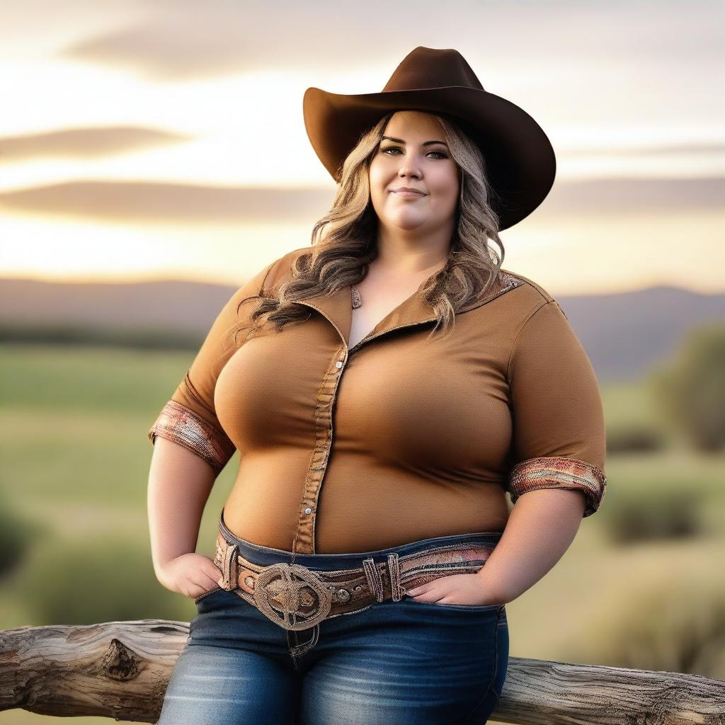 Create an image of a fat woman wearing a cowboy hat standing confidently in a rustic ranch setting with rolling hills in the background