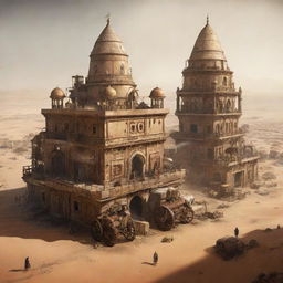 A concept of Tunisia rich in steampunk influence, portraying Tunis with vintage machinery-enhanced structures, the Sahara desert animated with mobile steam-powered outposts, and ancient ruins buzzing with subtle mechanical modifications.