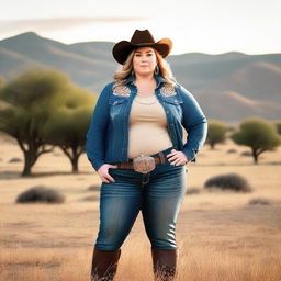 Create an image of a fat woman wearing a cowboy hat standing confidently in a rustic ranch setting with rolling hills in the background