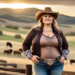 Create an image of a fat woman wearing a cowboy hat standing confidently in a rustic ranch setting with rolling hills in the background