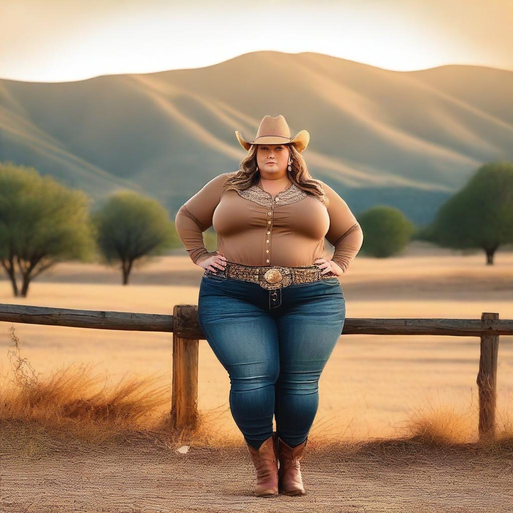 Create an image of a fat woman wearing a cowboy hat standing confidently in a rustic ranch setting with rolling hills in the background