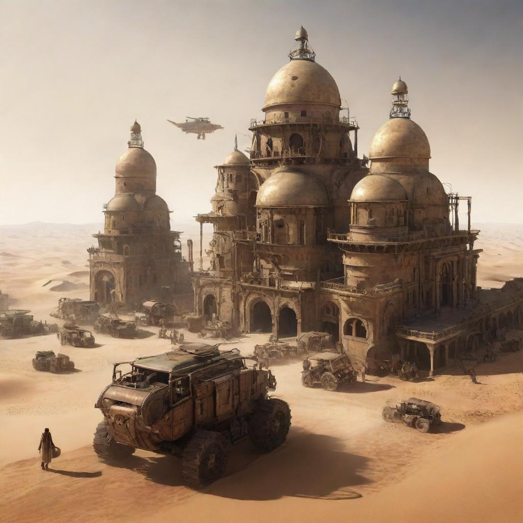 A concept of Tunisia rich in steampunk influence, portraying Tunis with vintage machinery-enhanced structures, the Sahara desert animated with mobile steam-powered outposts, and ancient ruins buzzing with subtle mechanical modifications.