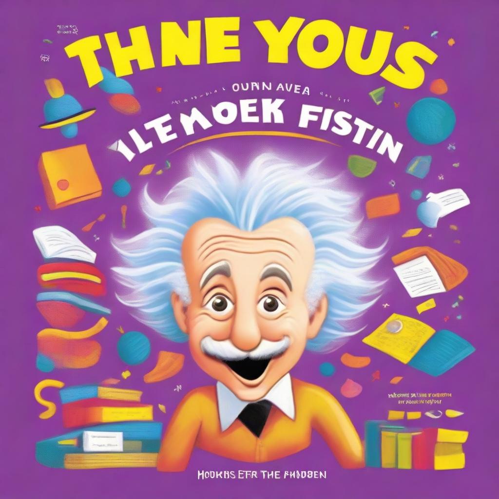 Create a vibrant and engaging back cover for a children's book titled 'Thank You for Learning About Albert Einstein!' The cover should feature colorful illustrations of Albert Einstein, playful fonts, and elements that appeal to young readers