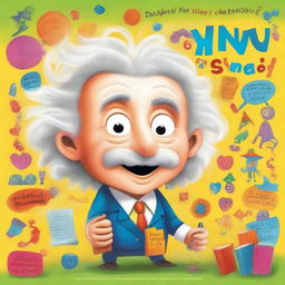 Create a vibrant and engaging back cover for a children's book titled 'Thank You for Learning About Albert Einstein!' The cover should feature colorful illustrations of Albert Einstein, playful fonts, and elements that appeal to young readers