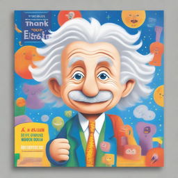 Create a vibrant and engaging back cover for a children's book titled 'Thank You for Learning About Albert Einstein!' The cover should feature colorful illustrations of Albert Einstein, playful fonts, and elements that appeal to young readers