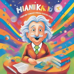 Create a vibrant and engaging back cover for a children's book titled 'Thank You for Learning About Albert Einstein!' The cover should feature colorful illustrations of Albert Einstein, playful fonts, and elements that appeal to young readers