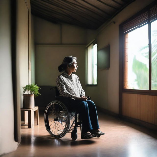 A middle-aged Indonesian woman sitting in a wheelchair inside a very simple house