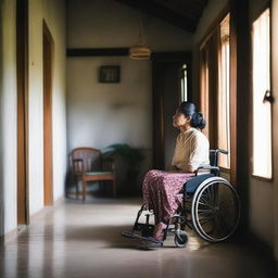 A middle-aged Indonesian woman sitting in a wheelchair inside a very simple house