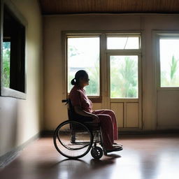 A middle-aged Indonesian woman sitting in a wheelchair inside a very simple house