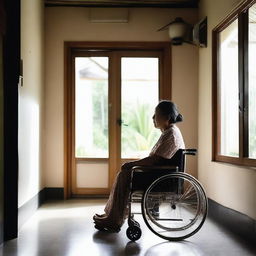 A middle-aged Indonesian woman sitting in a wheelchair inside a very simple house