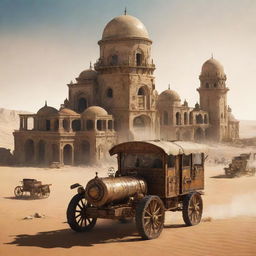 A concept of Tunisia rich in steampunk influence, portraying Tunis with vintage machinery-enhanced structures, the Sahara desert animated with mobile steam-powered outposts, and ancient ruins buzzing with subtle mechanical modifications.