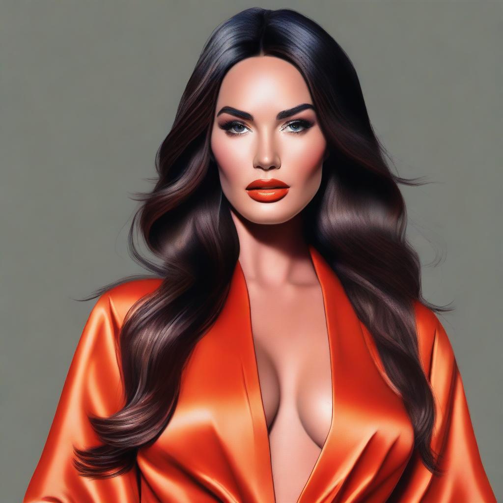 A realistic portrait of Megan Fox wearing a hot orange robe